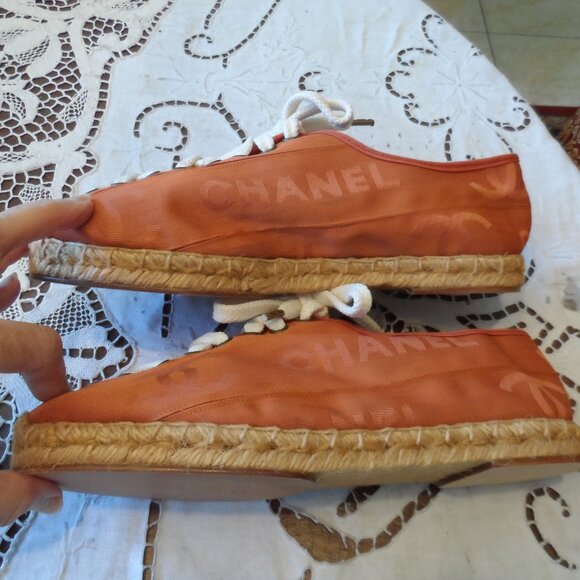 New Chanel Orange Signature Logo Canvas Lace Up Espadrilles Size 37B - Picture 5 of 16